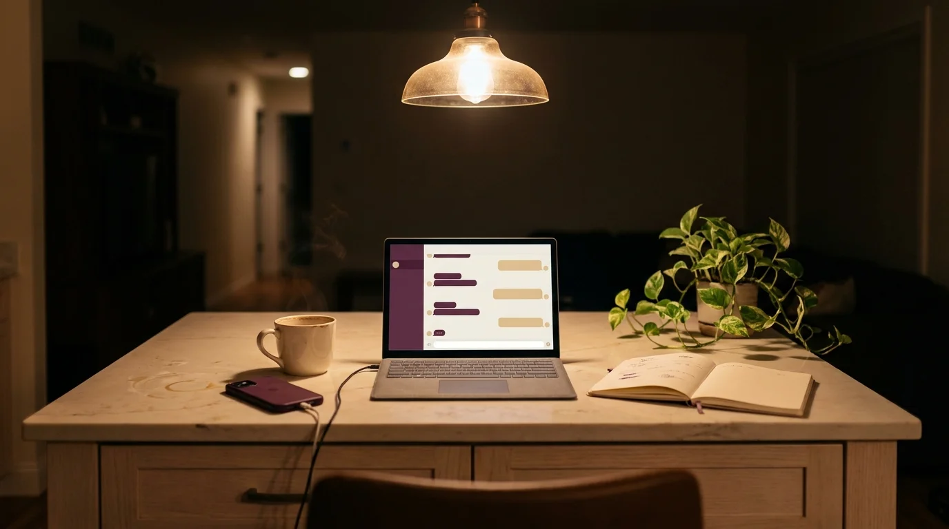 Late-night kitchen island with a laptop showing a chat-style AI parenting interface, an open notebook, and a coffee mug