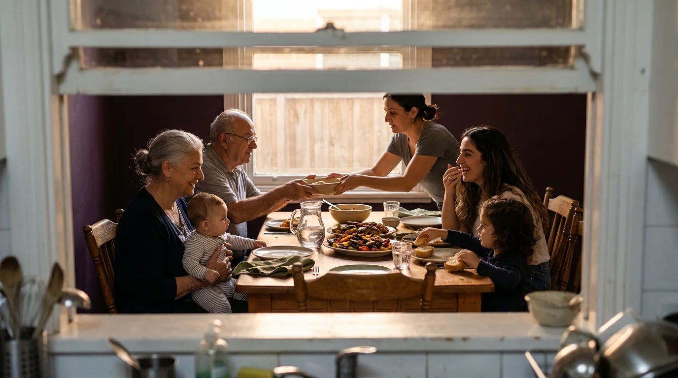 Three generations of a family around a shared table, the grandmother holding the baby in an everyday scene of alloparenting