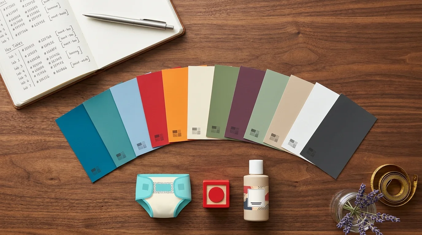 Flat-lay on the psychology of color in marketing and branding — paint chips, hex notebook, family-product samples