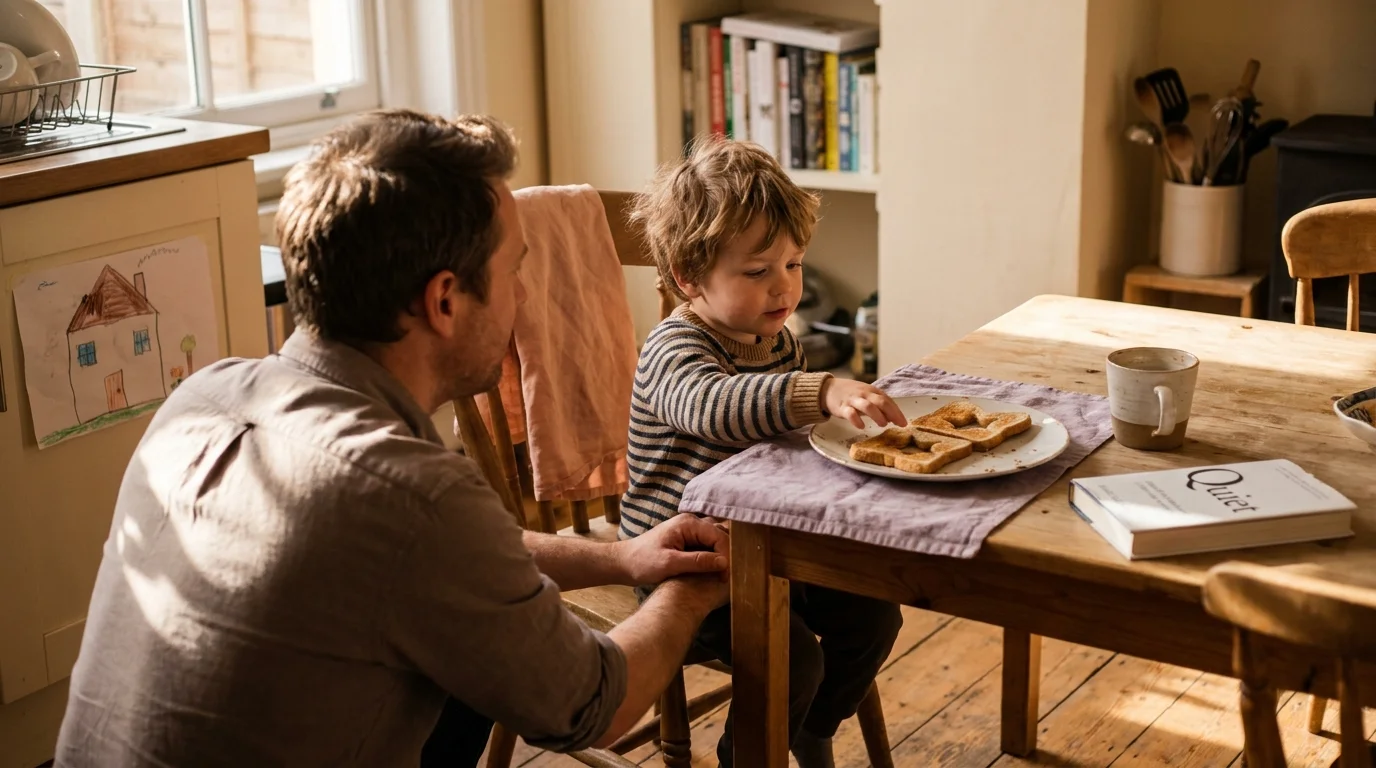 Parent kneeling on a Bristol kitchen floor facing a four-year-old at a low table, mindful parenting in afternoon window light