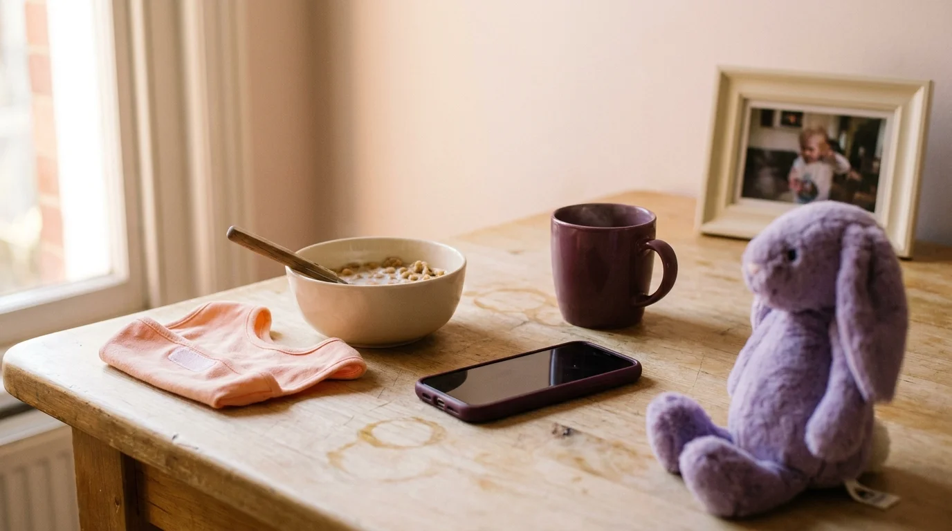 Breakfast table in morning light with a phone face-down beside a child's cereal bowl and a lavender plush rabbit