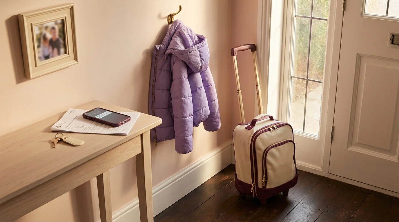 Entryway in late-afternoon light with a child's overnight bag and a phone showing a co-parenting app notification