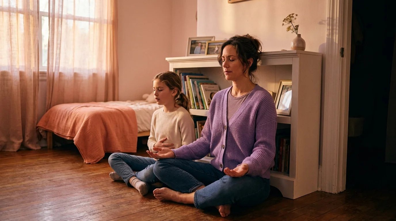 Mother and tween daughter sitting cross-legged on a bedroom floor with eyes closed, doing 4-7-8 breathing together