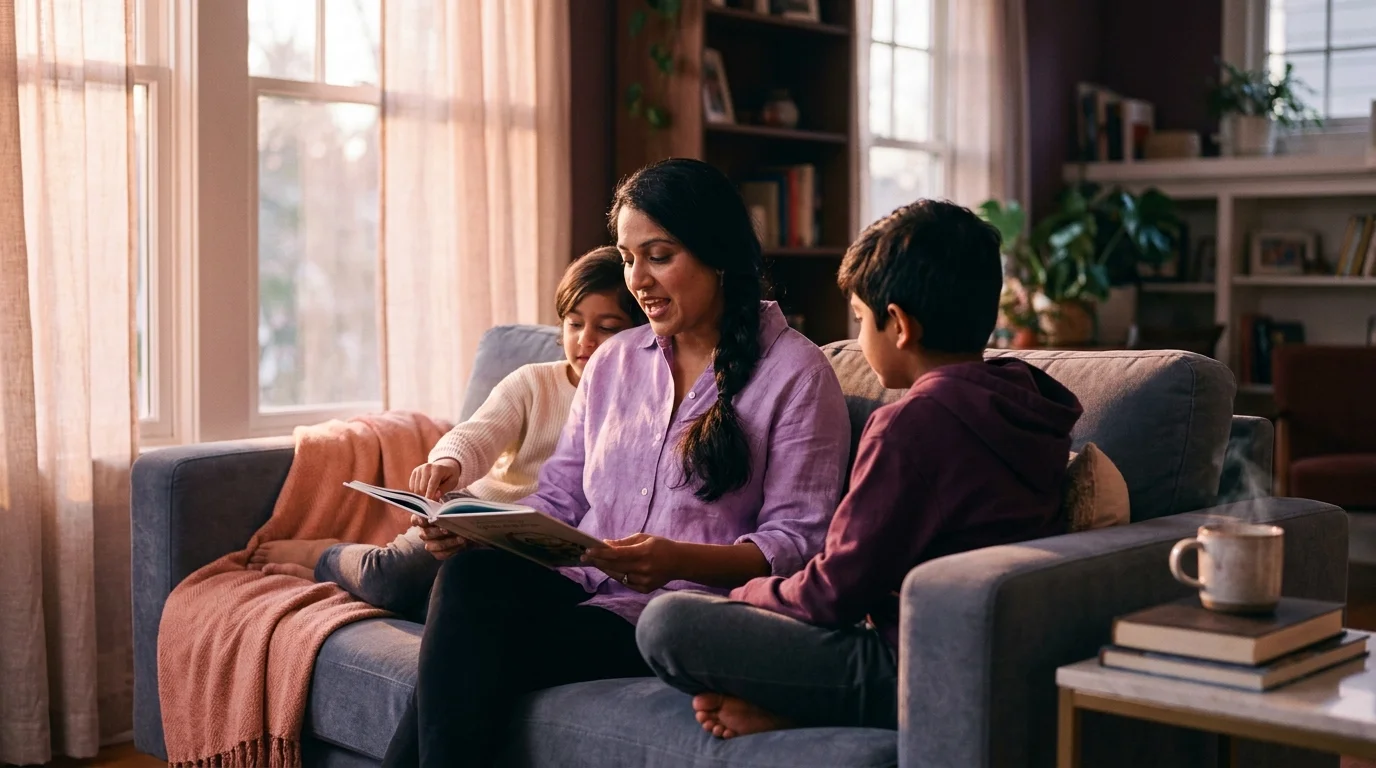 Mother reading aloud to her two children on a sunny couch, the most-evidenced of family bonding activities