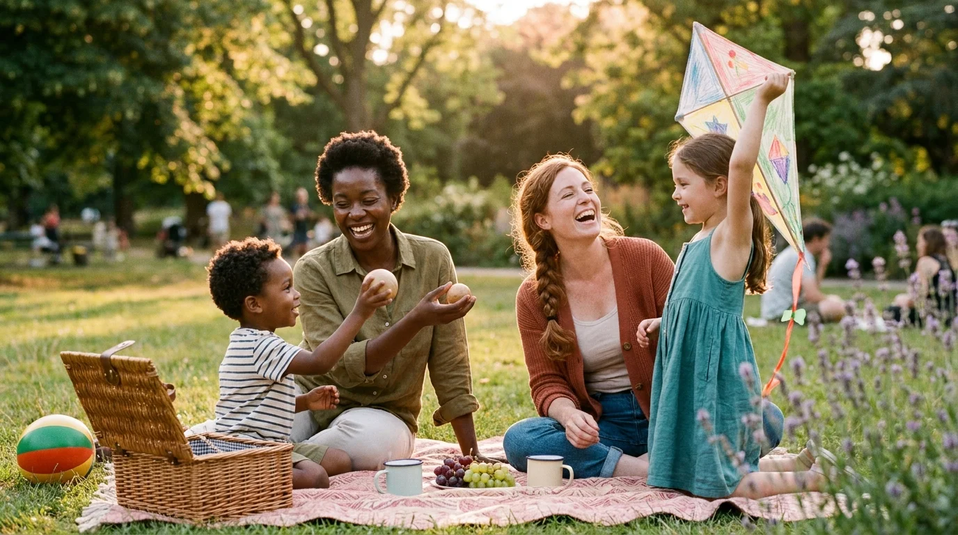 Two mums and their kids enjoying a family friendly picnic on a blanket in a sunny park with a kite and ball