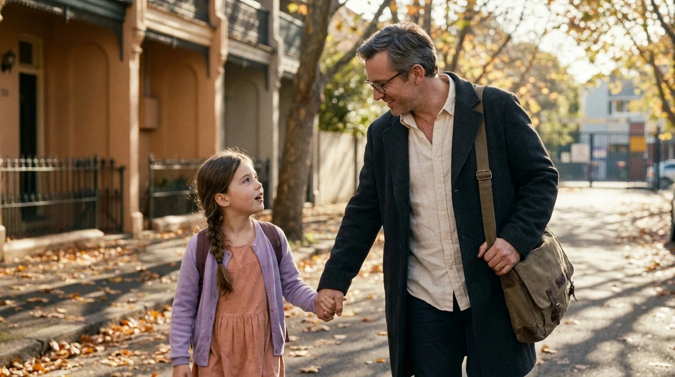 Father and his eight-year-old walking to school on a tree-lined street — the daily conversations of family identity