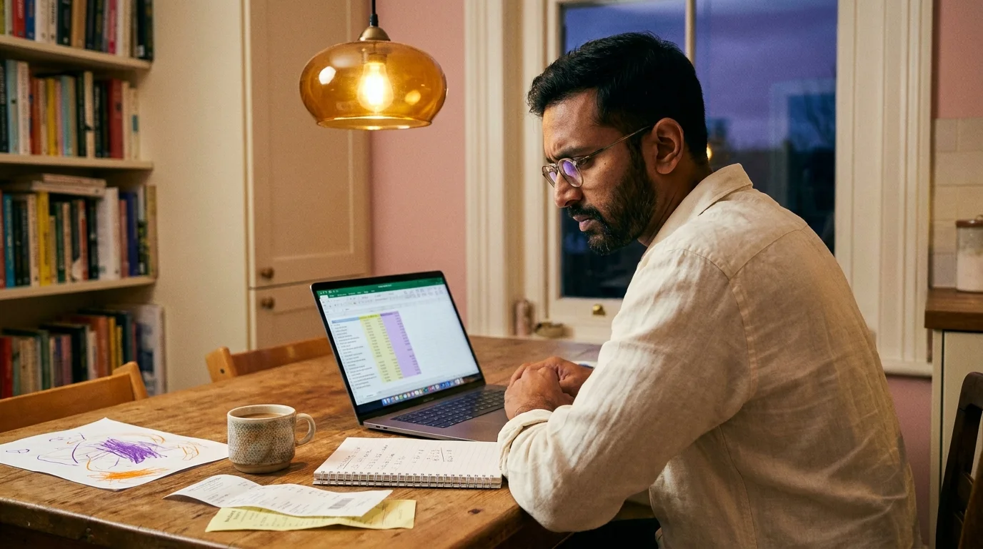 Parent at a kitchen table with a laptop open to a household spreadsheet — the math behind marketing to parents