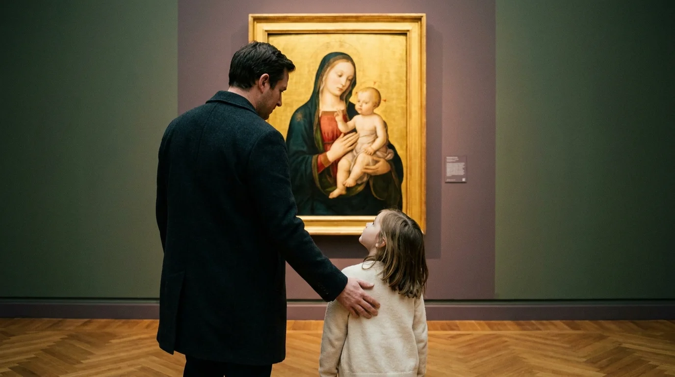 Father and young daughter looking up at a Renaissance Madonna in a quiet gallery — the long ground of motherhood paintings