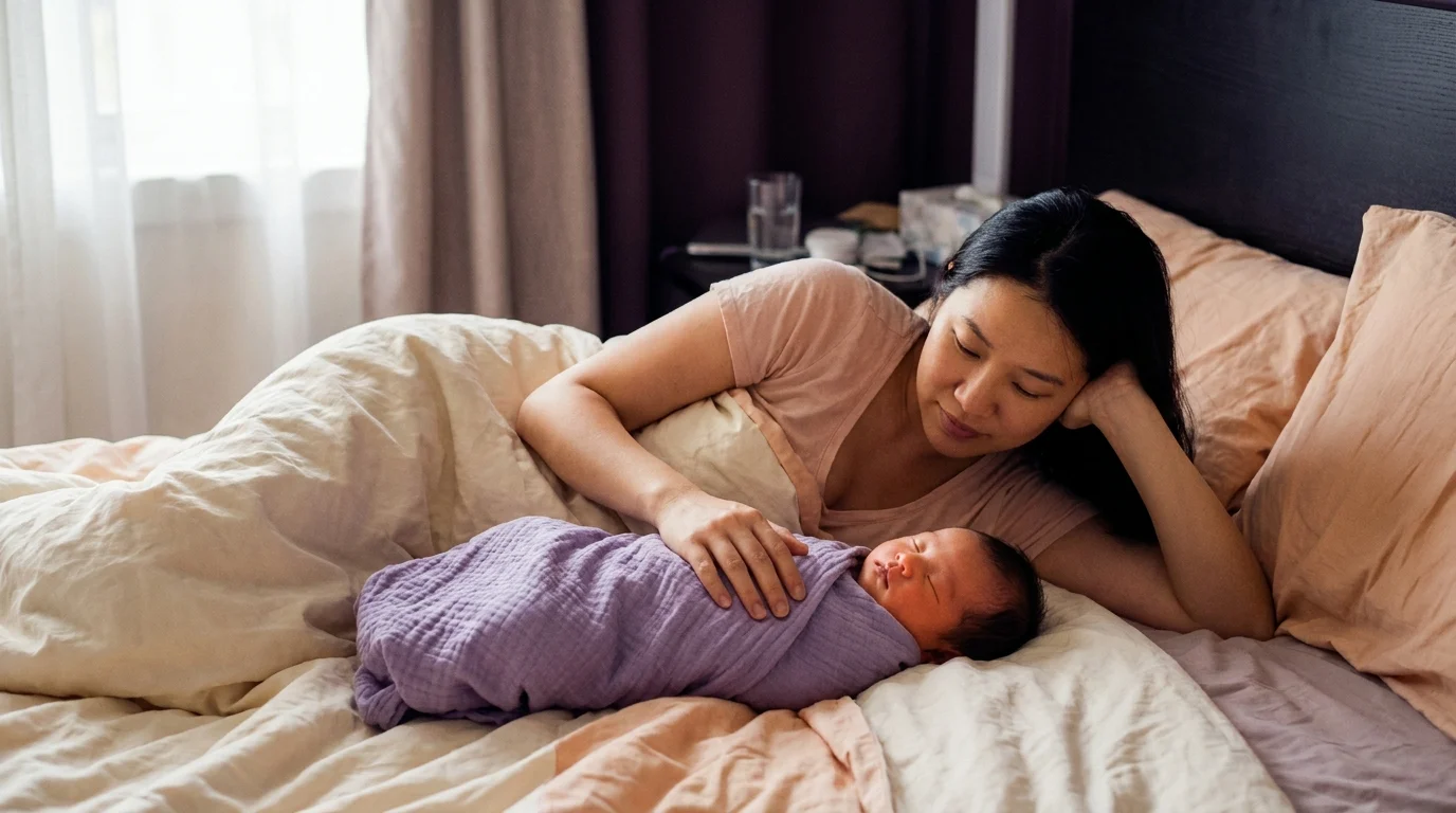 New mother gazing at her sleeping newborn in soft daylight, the quiet attention often called maternal instinct