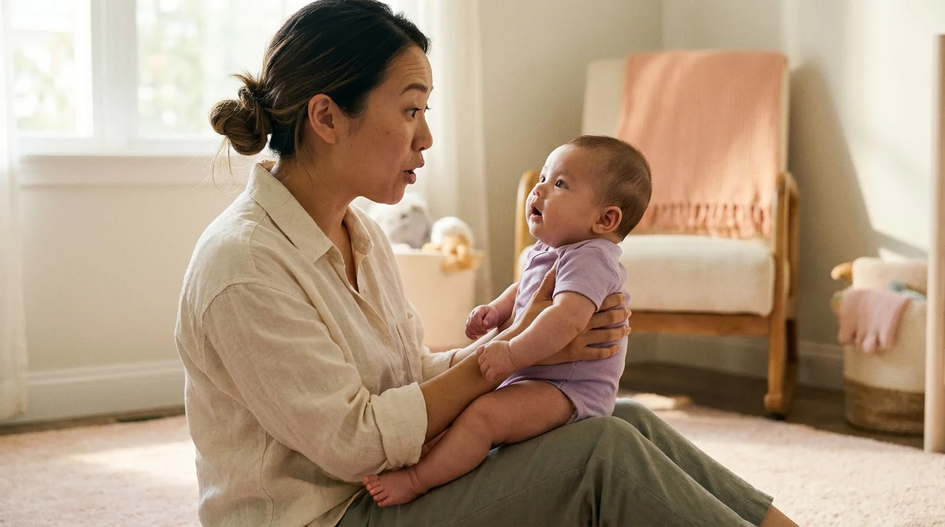 Mother and her infant face-to-face in morning window light, the serve-and-return exchange behind neuroplasticity in children