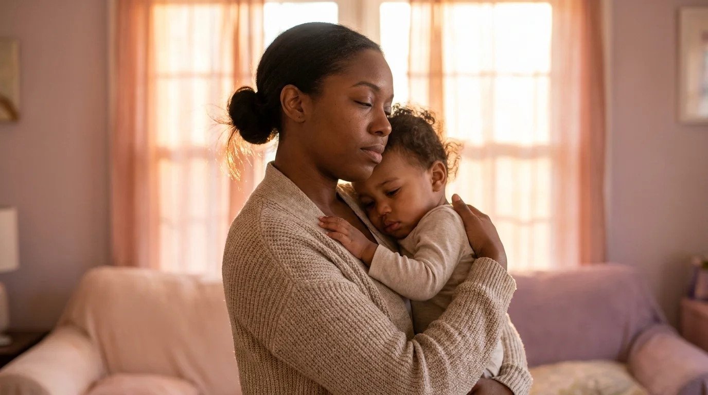 A mother holding her sleepy toddler close in soft golden window light, an unglossy everyday moment of motherhood