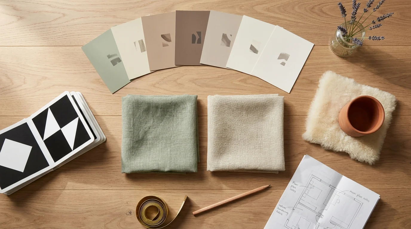 Overhead flat-lay of calming nursery colors planning — paint chips, sage and oat linen swatches, sheepskin and a board book