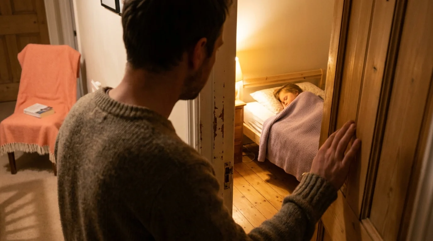 Parent at a child's bedroom doorway in soft warm hall light leaning in gently, the calm parenting pause before repair