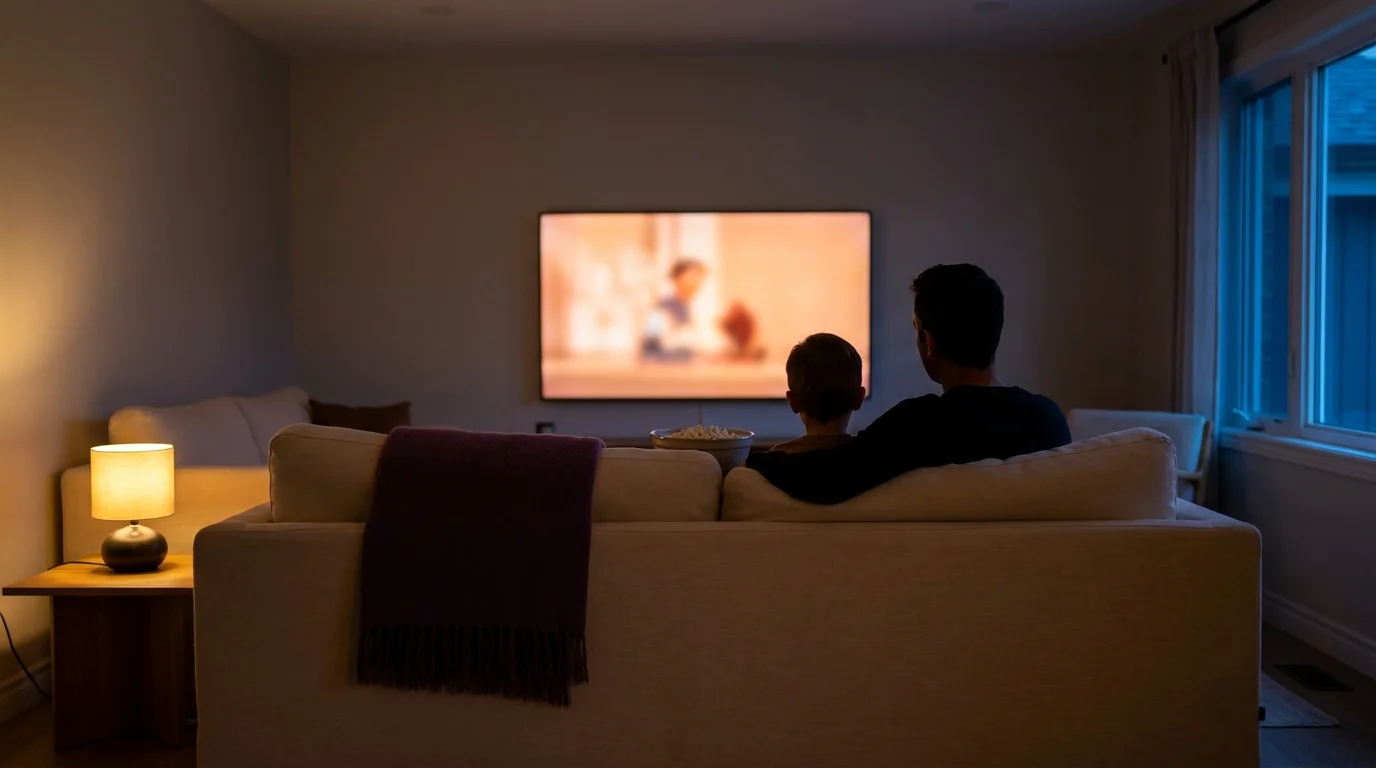 Parent and young child silhouetted on a cream sofa watching movies about family dynamics under warm evening lamplight