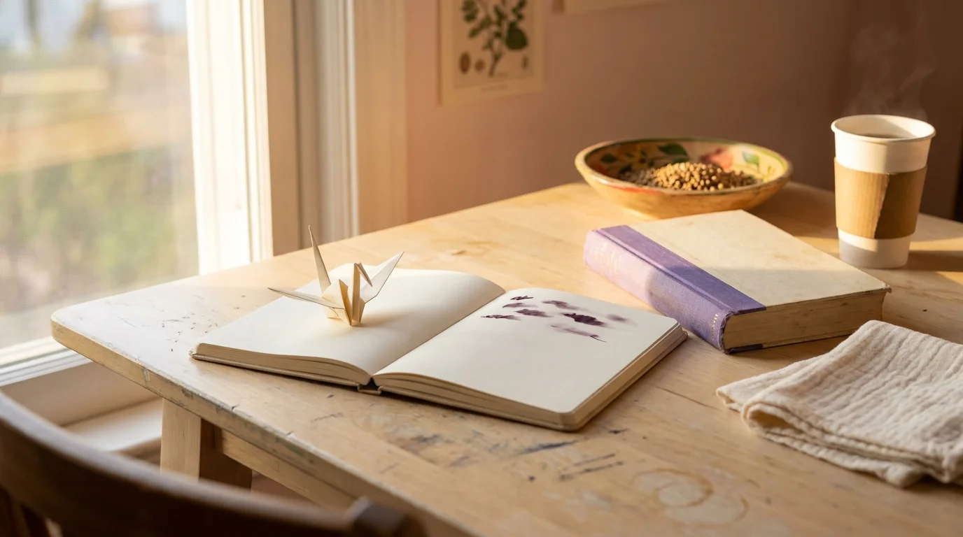 Writer's desk in late-afternoon light with an open notebook, lavender-spined book, folded muslin, painted bowl, and tea