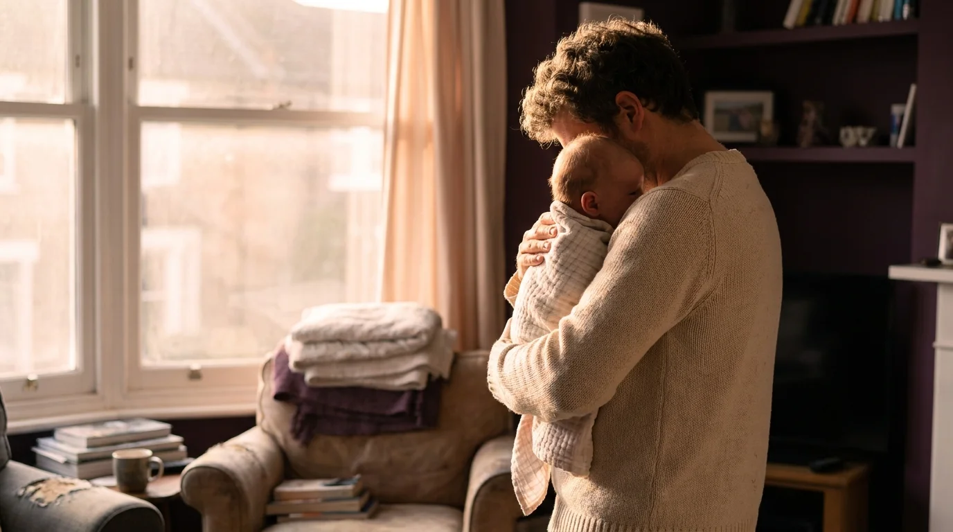 New father on paternity leave cradling his infant against his chest by a sunlit home window in early morning