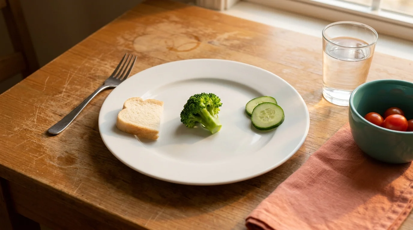 Plain dinner plate with a single steamed broccoli floret, bread, and cucumber slices for a picky eater on a wooden table