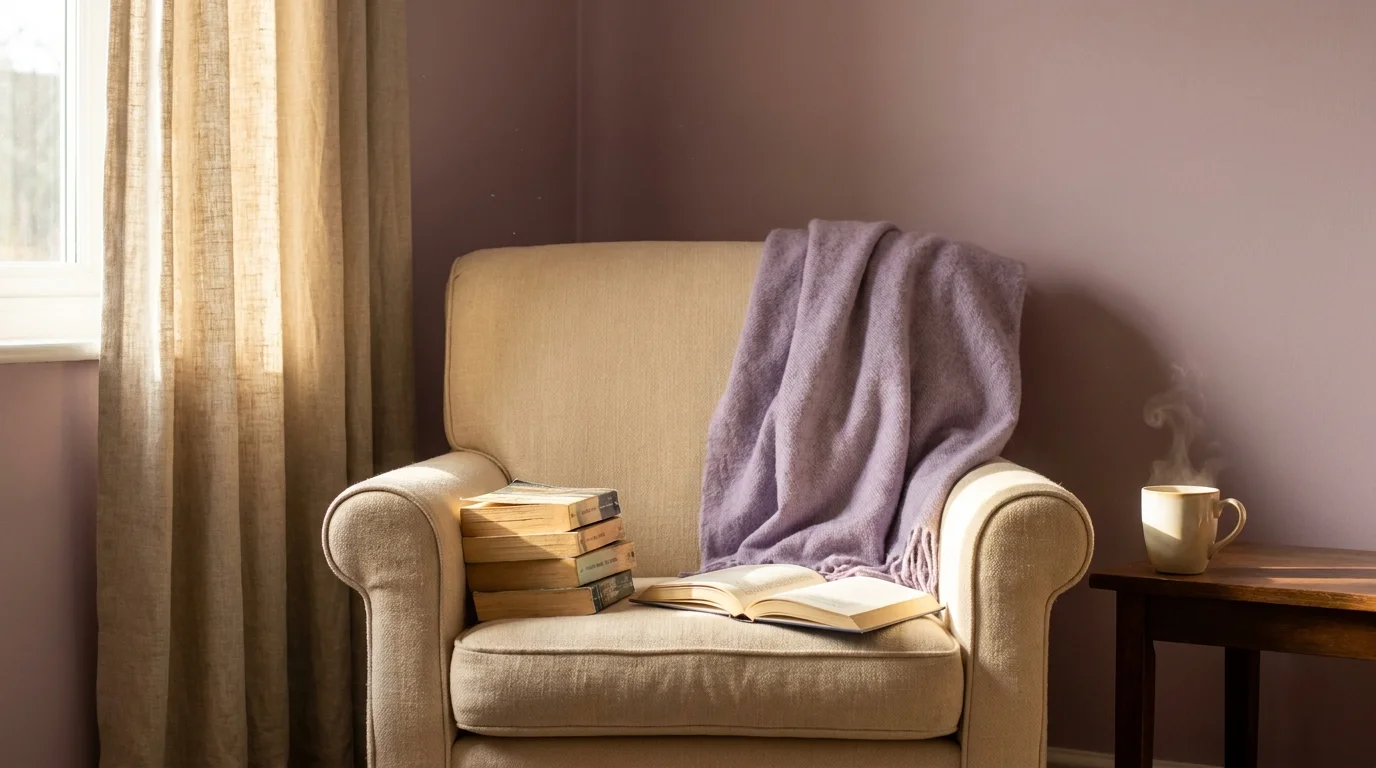 Armchair reading nook with stacked paperbacks of mothers in literature and an open novel face-down in afternoon window light