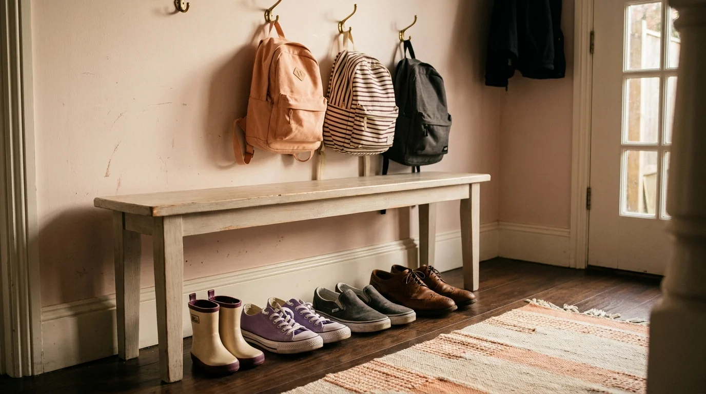 Three pairs of children's shoes in three sizes lined up on a wooden bench in a warm doorway in late afternoon
