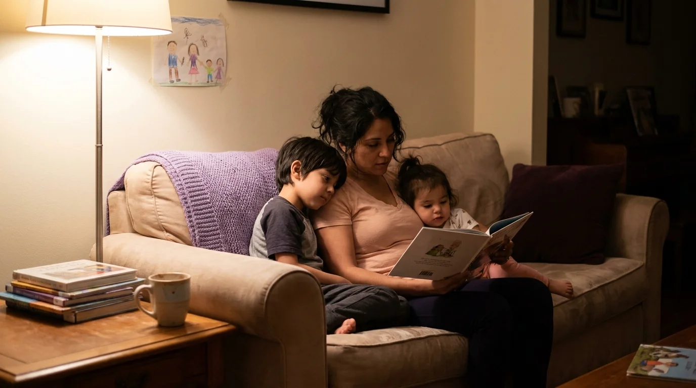 Single parent mother reading a picture book with her two young children on the sofa in warm evening light