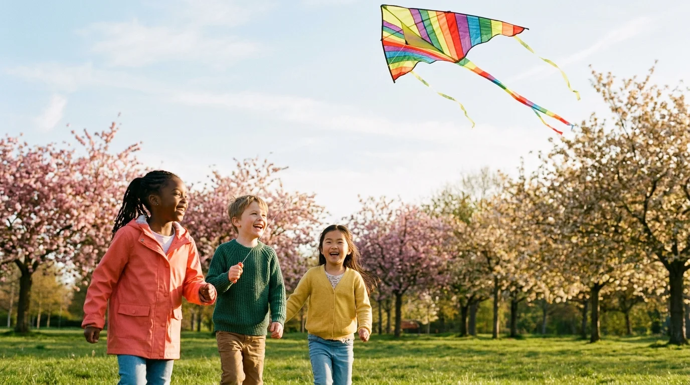 Diverse children flying a bright kite in a blossoming park, a favourite among children's activities for spring
