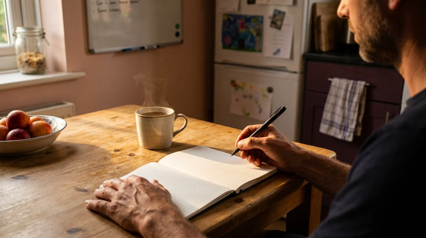 Father at a kitchen table with fineliner pen over an open notebook, mug of tea steaming, whiteboard on the wall behind
