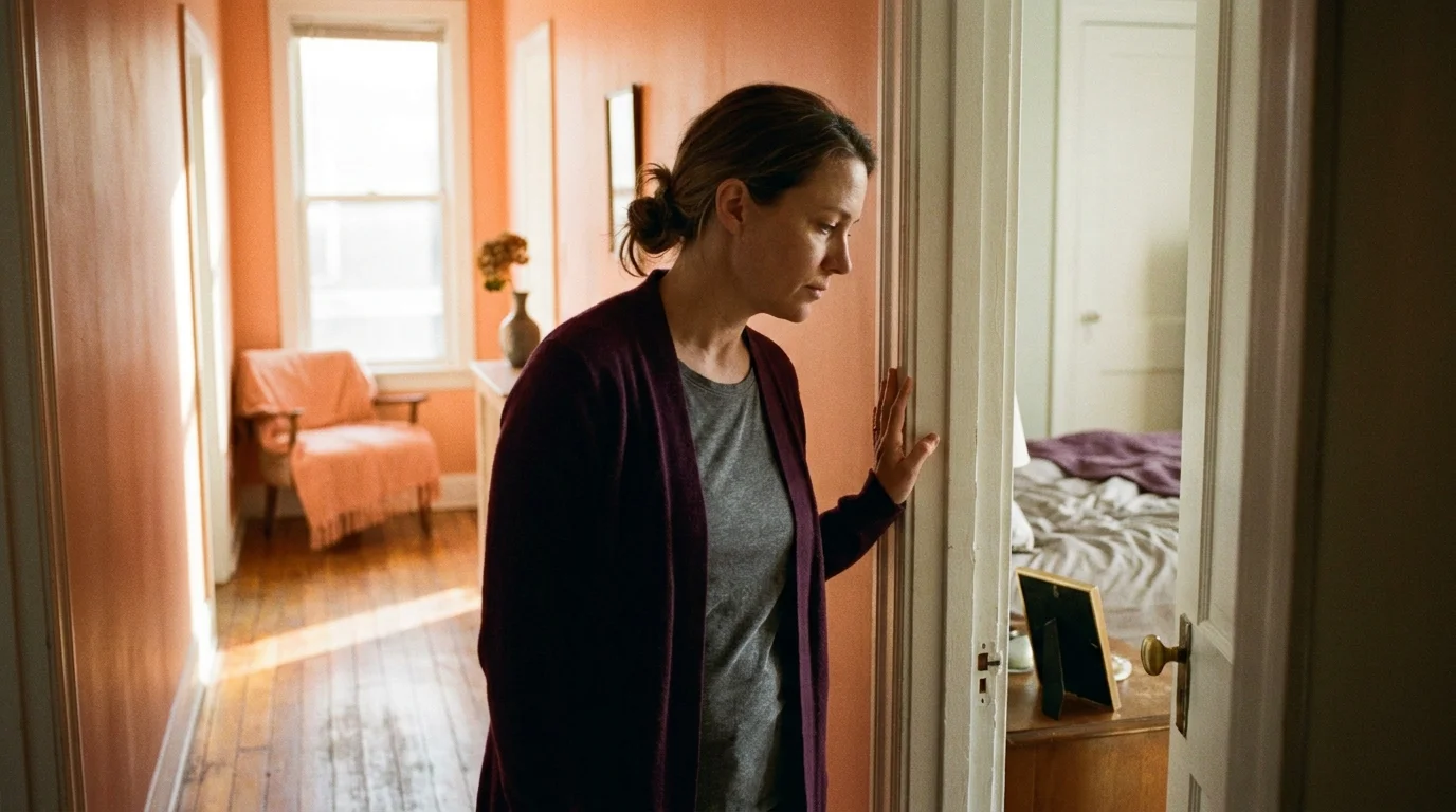 Mother in a deep-plum cardigan at her tween's bedroom doorway, hand on the frame, beginning to step back into the hallway