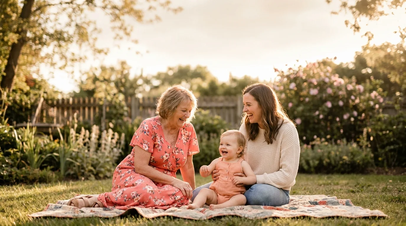 Grandmother, mother, and toddler together in a sunlit backyard, three generations of parenting styles passed down