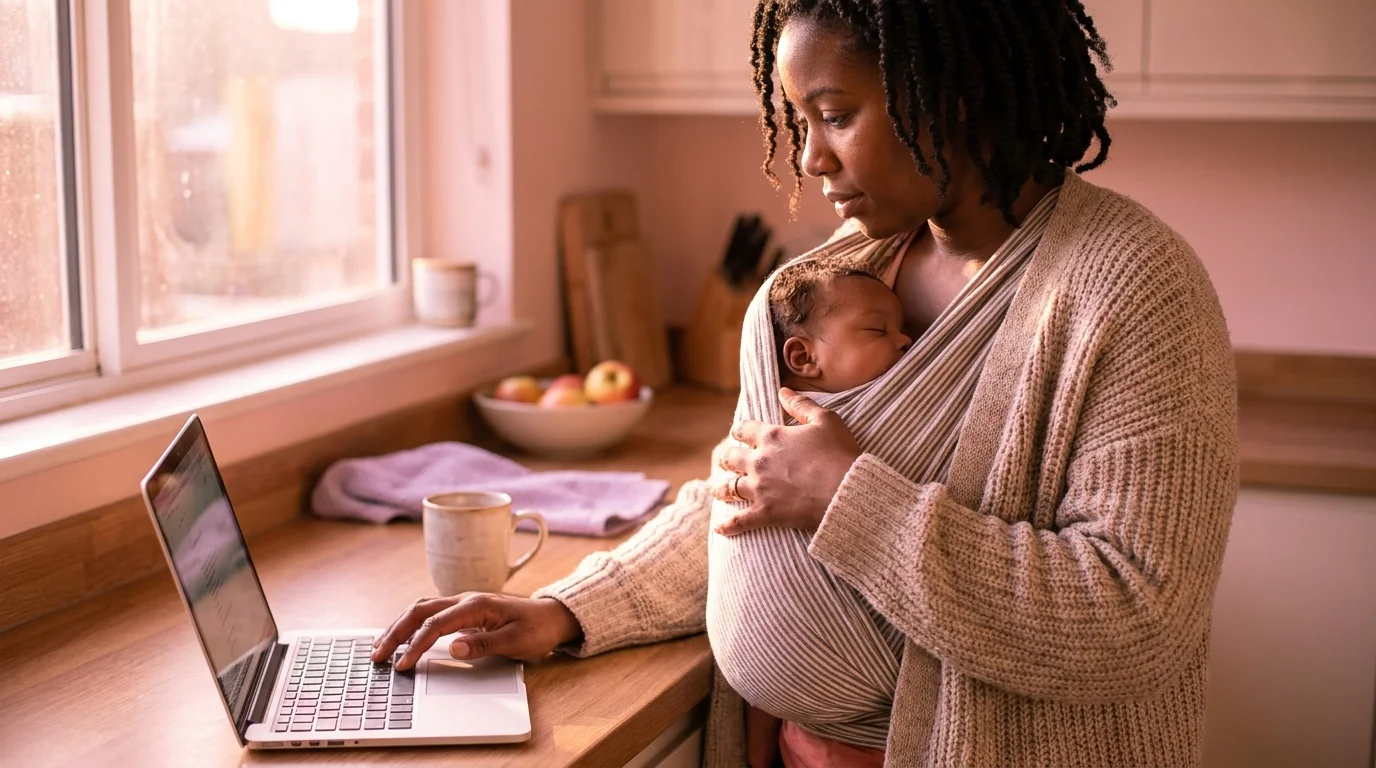 A mother working on a laptop with her sleeping baby in a wrap carrier, work life integration at the kitchen counter