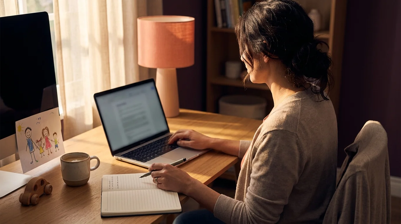 Mother at a home-office desk taking notes beside her laptop, a child's crayon drawing propped against the monitor