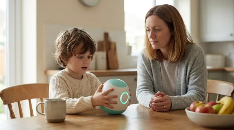 School-age child examining an AI plush toy at the kitchen table while a parent watches alongside in soft light