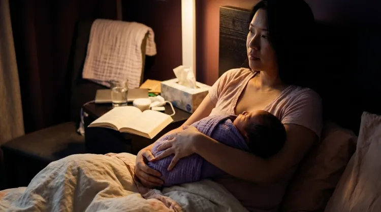 Mother holding her sleeping newborn against her chest in a dim bedroom in the small hours, face turned away