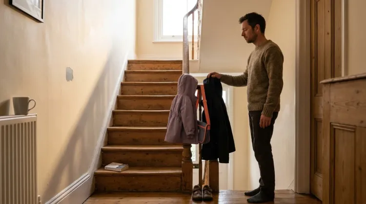 Parent at the bottom of a domestic staircase in morning light with one hand on the banister, eyes closed for a beat