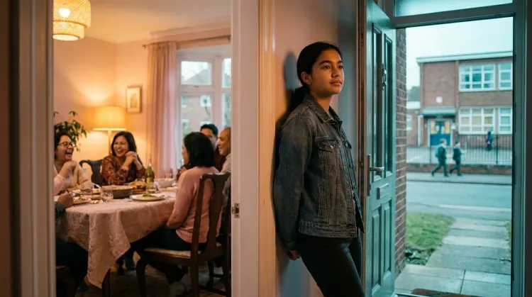 Teenager of immigrant heritage between a warm family gathering and a cooler everyday street scene