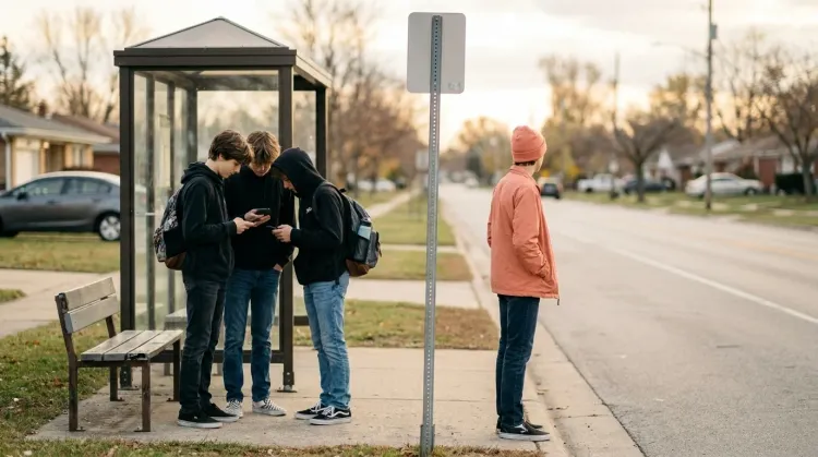 Group of teenagers at a suburban bus stop in afternoon light, three looking at phones, one looking down the street