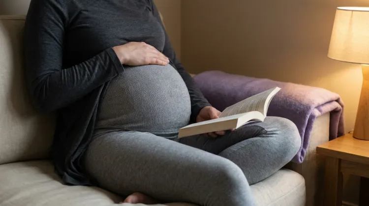 Pregnant woman from the chest down seated on a low sofa in lamplight, hand resting on the bump beside an open paperback