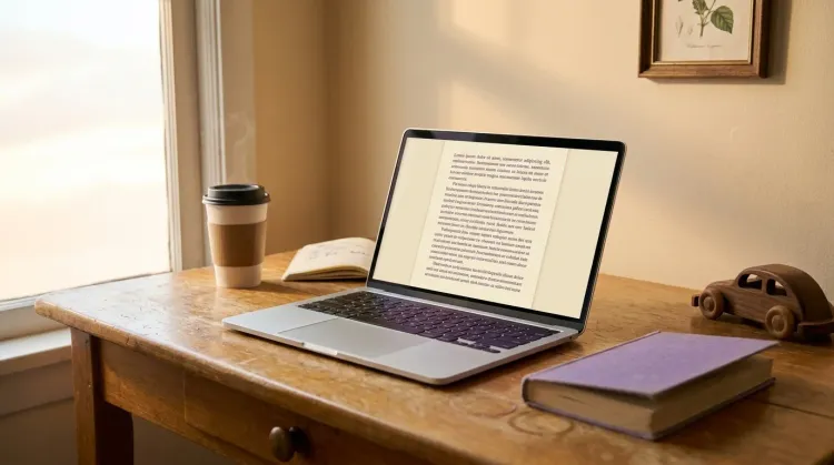 Wooden desk by a window with a laptop showing long-form reading, a soft-cream notebook, a paper coffee cup, and a child's wooden toy car