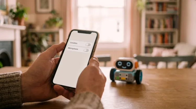 Hands holding a phone showing app permissions with location and microphone toggles, a coding robot behind