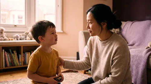 A mother kneeling to her young son's eye level for a calm, firm talk that models healthy parenting styles