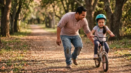 A father steadying the saddle as his young daughter learns to ride a bike, hands-on active parenting on a sunny path