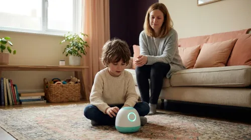 A young child playing on the living-room floor with an AI toy while a parent watches nearby in soft daylight