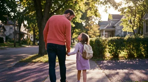 Father in coral walking with his daughter on a leafy sidewalk in late-afternoon sun