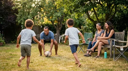 A Brazilian family playing football together in a sunlit backyard, the warmth and physical play of Brazilian family life