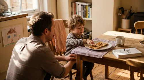 Parent kneeling on a Bristol kitchen floor facing a four-year-old at a low table, mindful parenting in afternoon window light