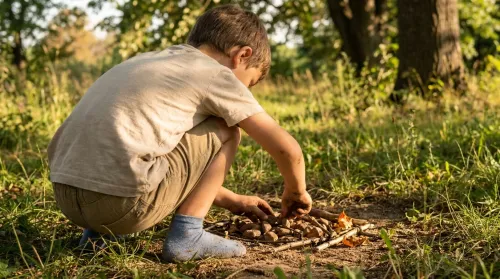 Child squatting in dappled afternoon grass arranging pebbles and sticks, the importance of play in child development at work