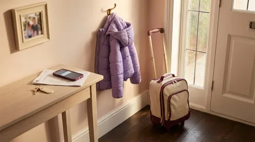 Entryway in late-afternoon light with a child's overnight bag and a phone showing a co-parenting app notification