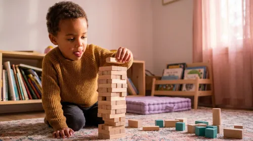 A focused preschooler stacking a tall wooden block tower, the ordinary play that drives cognitive development
