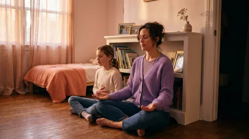 Mother and tween daughter sitting cross-legged on a bedroom floor with eyes closed, doing 4-7-8 breathing together