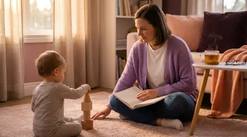 Mother on a rug with an open notebook, watching her toddler stack wooden geometric blocks