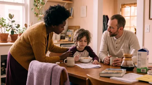 A mother, father and child close at a sunlit kitchen table, the everyday relationships of family systems theory
